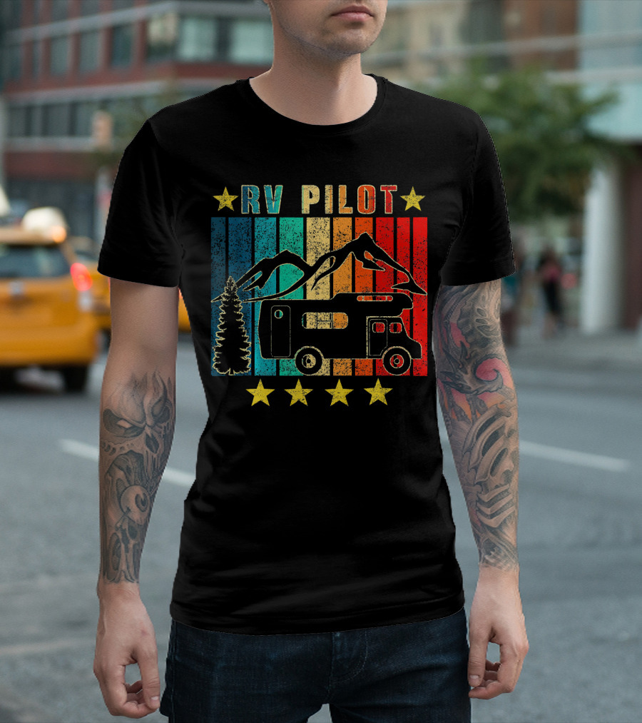 RV Pilot Camping Vintage Motorhome With Mountains And Stars T-Shirt
