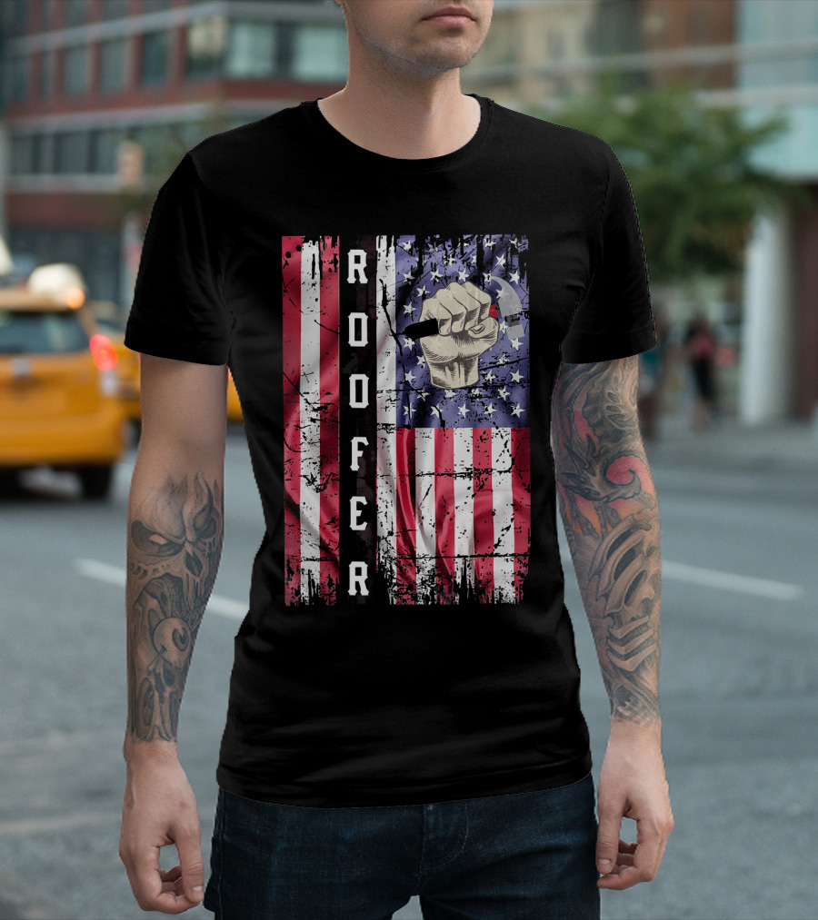 Roofer Hammer Fist Distressed American Flag T-Shirt