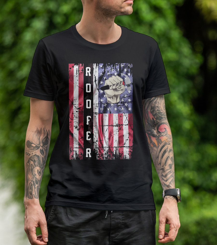 Roofer Hammer Fist Distressed American Flag T-Shirt