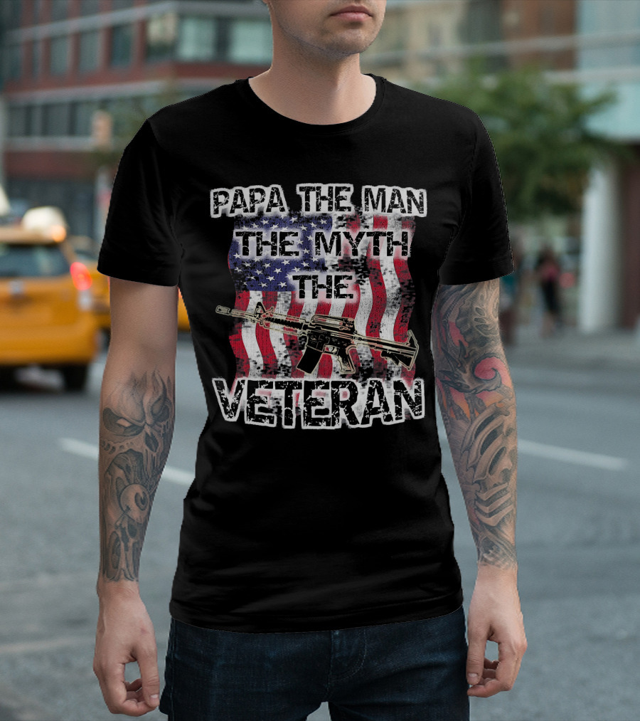 Papa The Man The Myth The Veteran American Flag Rifle T-Shirt