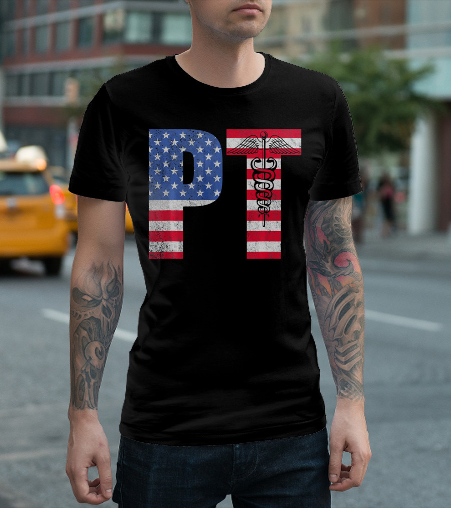Physical Therapist PT American Flag Caduceus Mont T-Shirt