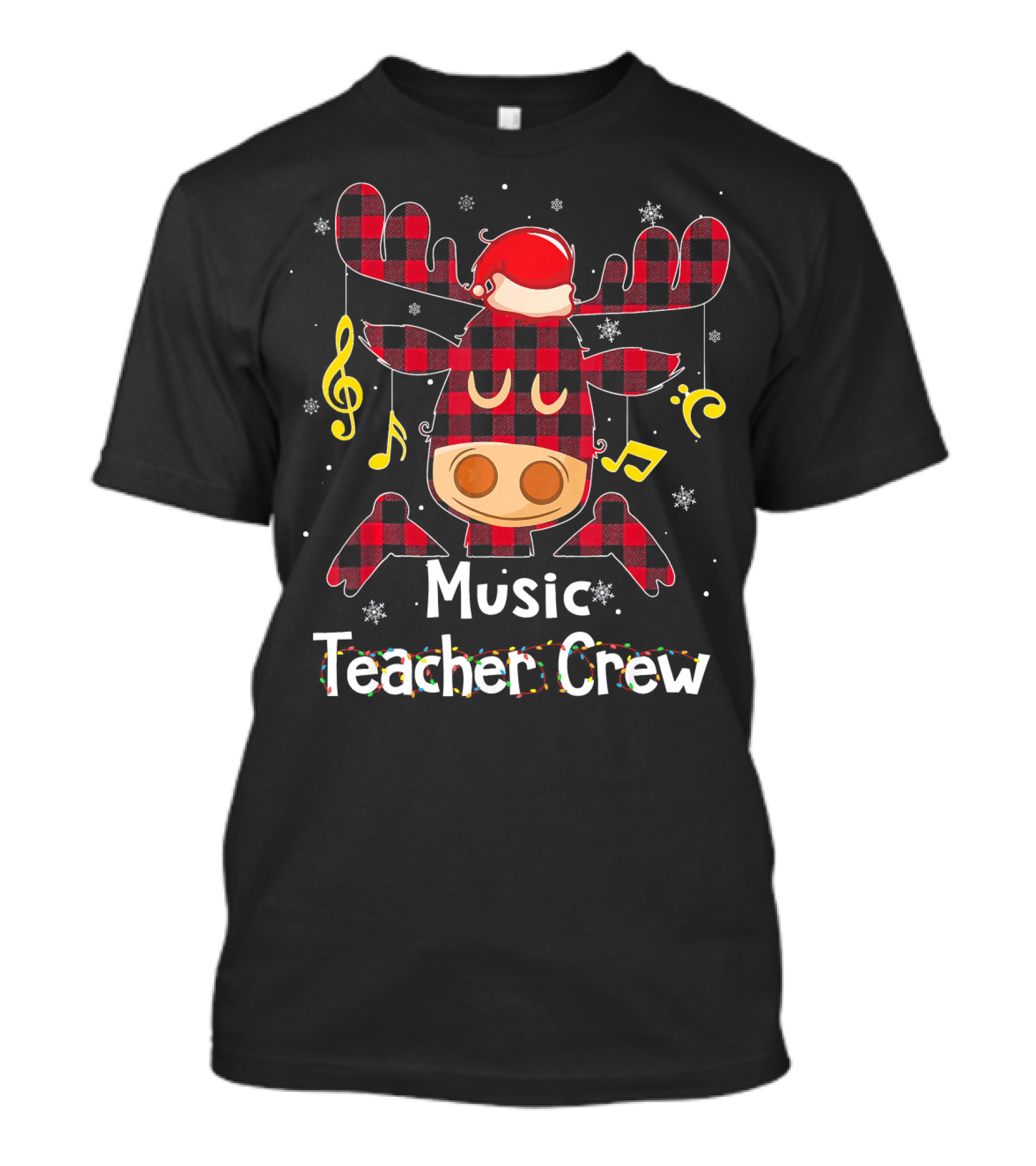 Red Plaid Reindeer With Santa Hat For Music Teacher Crew T-Shirt
