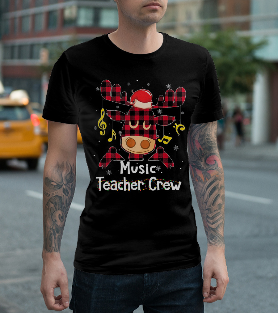 Red Plaid Reindeer With Santa Hat For Music Teacher Crew T-Shirt