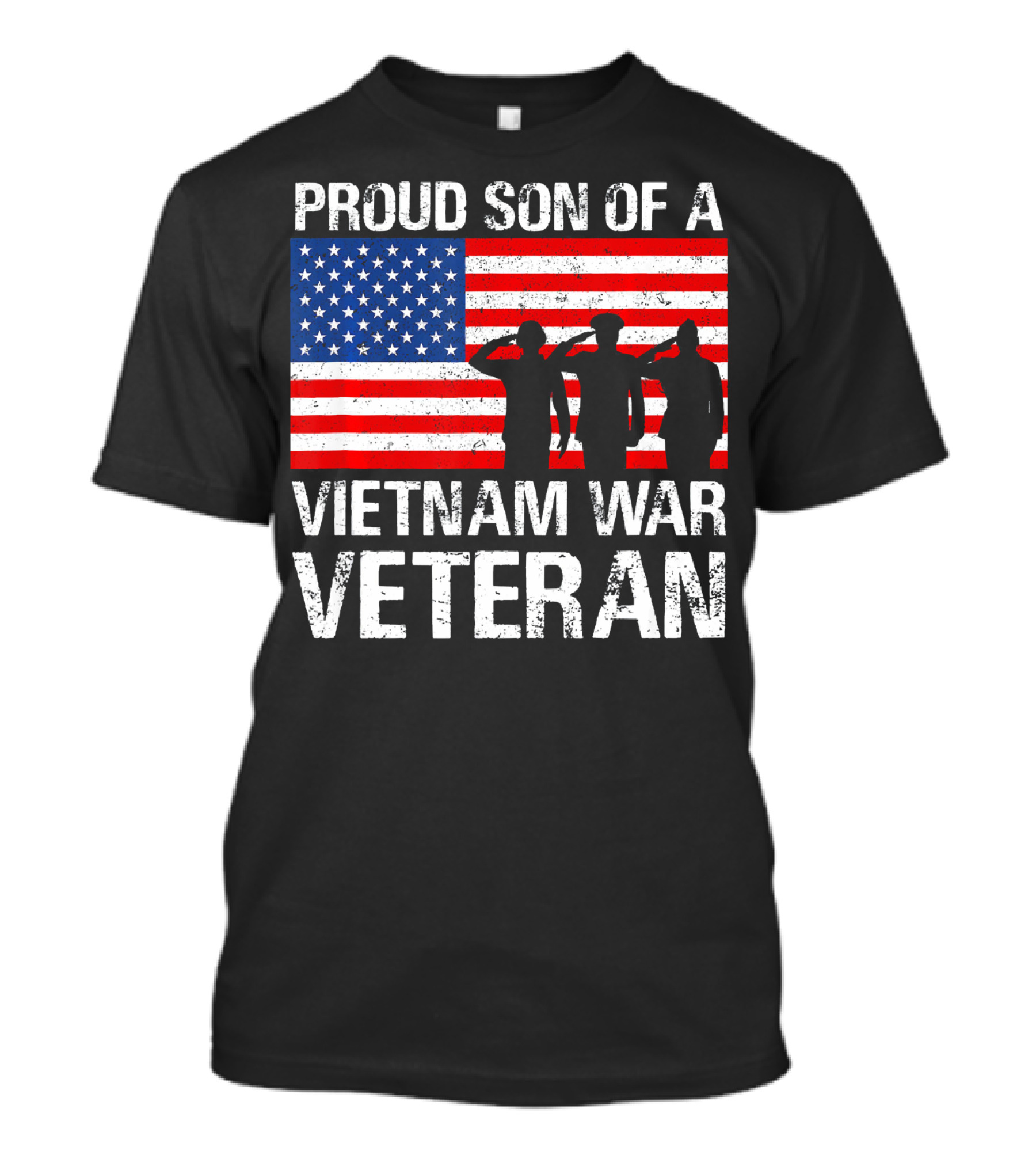 Proud Son Of A Vietnam War Veteran With American Flag And Saluting Soldiers T-Shirt