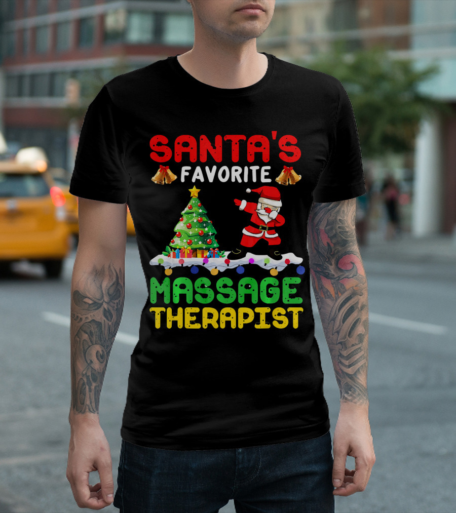 Santa's Favorite Massage Therapist Christmas Tree and Dancing Santa Bells T-Shirt