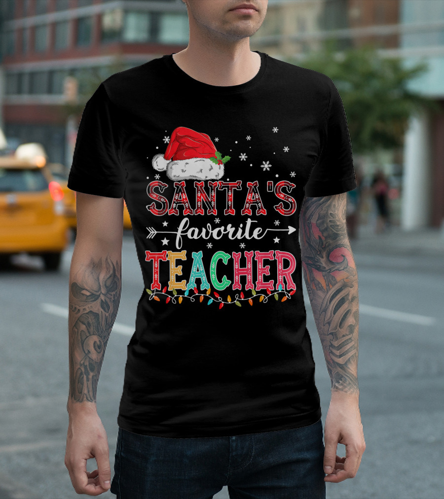 Santa's Favorite Teacher Christmas Lights Santa Hat Snowflakes T-Shirt