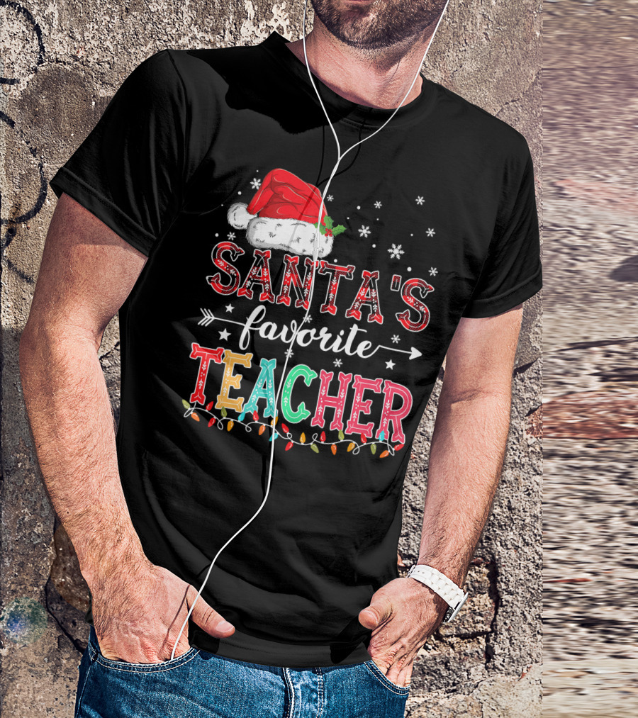 Santa's Favorite Teacher Christmas Lights Santa Hat Snowflakes T-Shirt