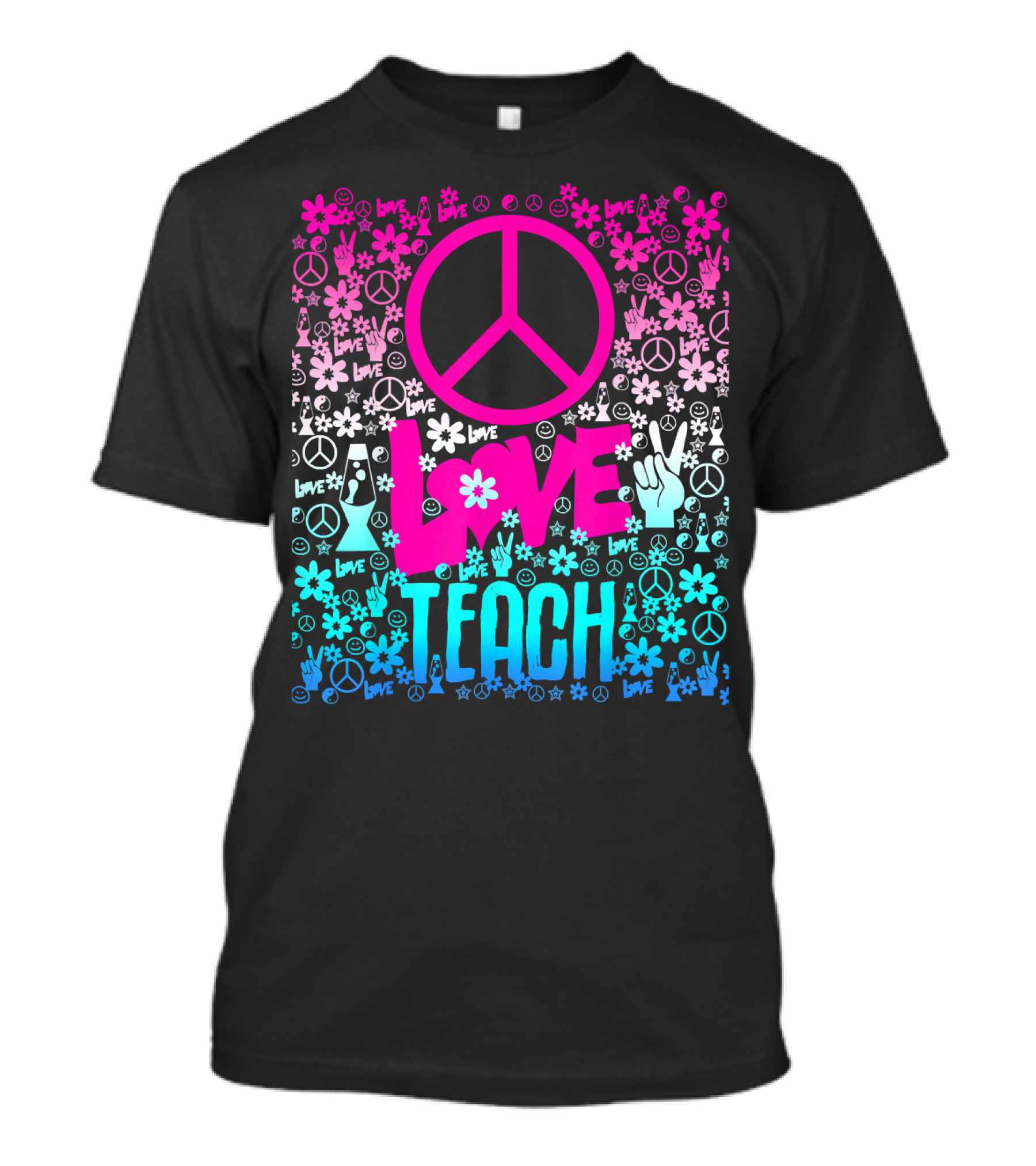 Peace Love Teach Hippie Style With Floral Peace Signs And Groovy T-Shirt