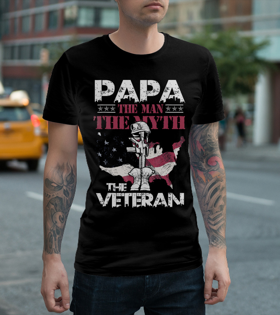PAPA The Man The Myth The Veteran American Flag Map T-Shirt