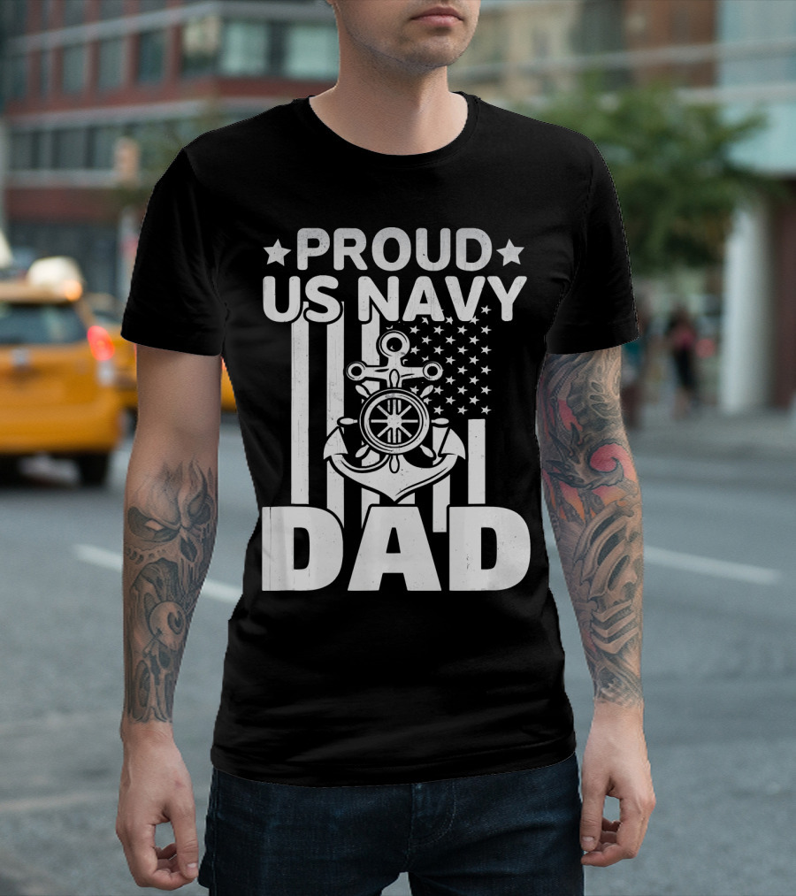 Proud US Navy Dad American Flag Anchor Stars T-Shirt