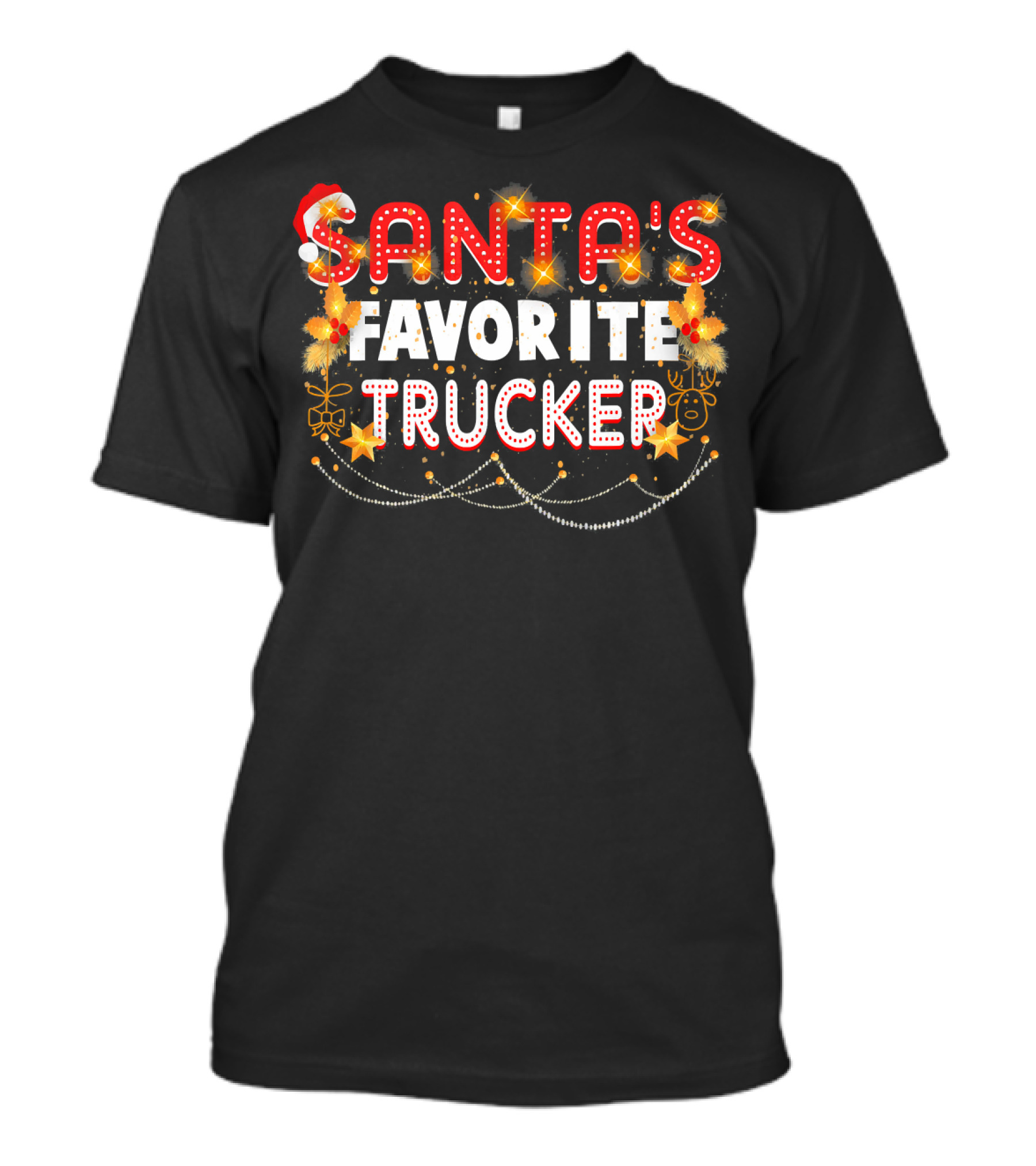 SANTA'S FAVORITE TRUCKER Holiday Lights And Santa Hat T-Shirt