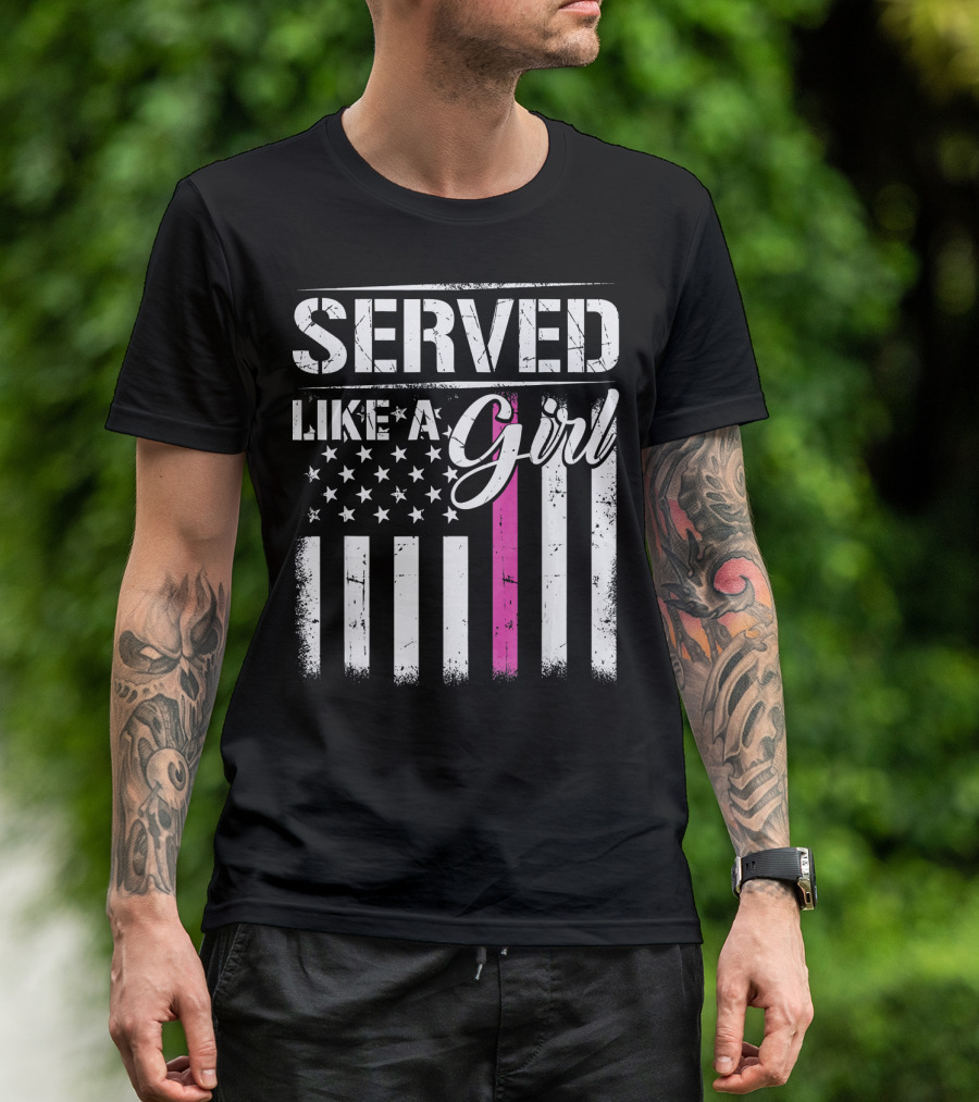 Served Like A Girl US Veteran American Flag Pink Stripe T-Shirt