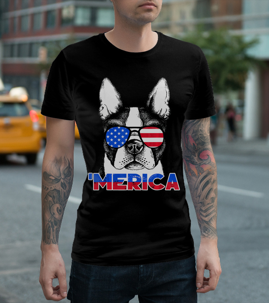 Patriot Boston Terrier Merica America Flag Sunglasses T-Shirt
