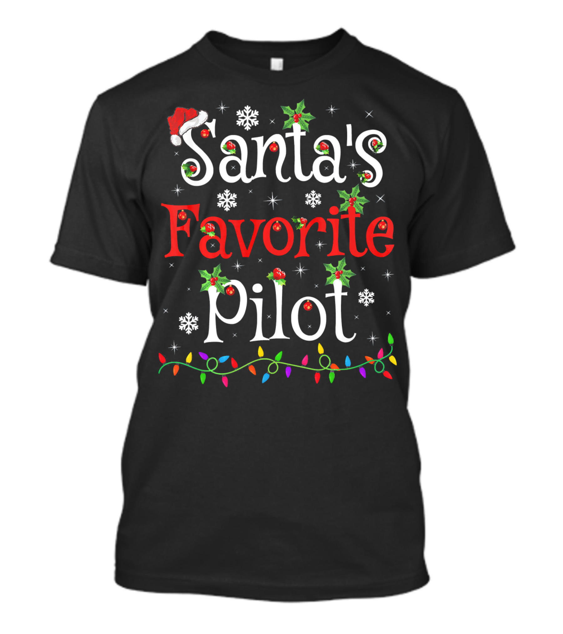 Santa's Favorite Pilot Xmas Lights Snowflakes Holly T-Shirt