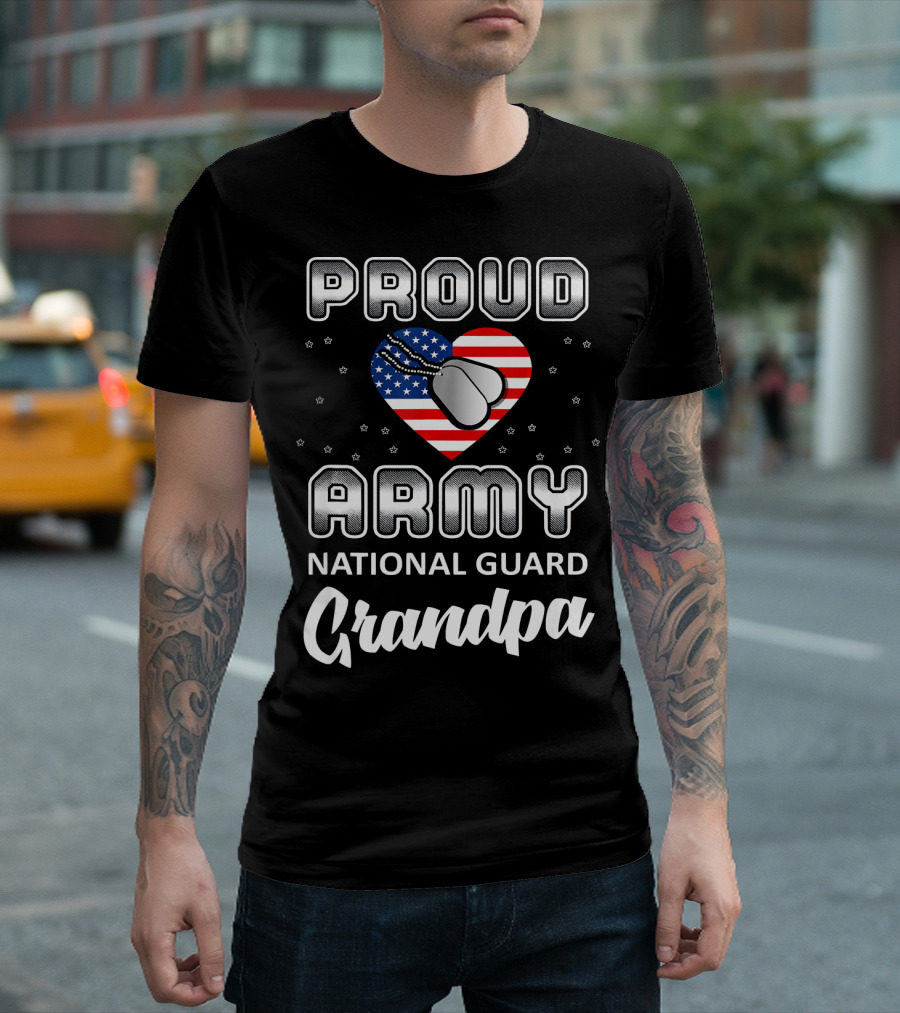 Proud Army National Guard Grandpa USA Heart USA Flag Dog Tags T-Shirt