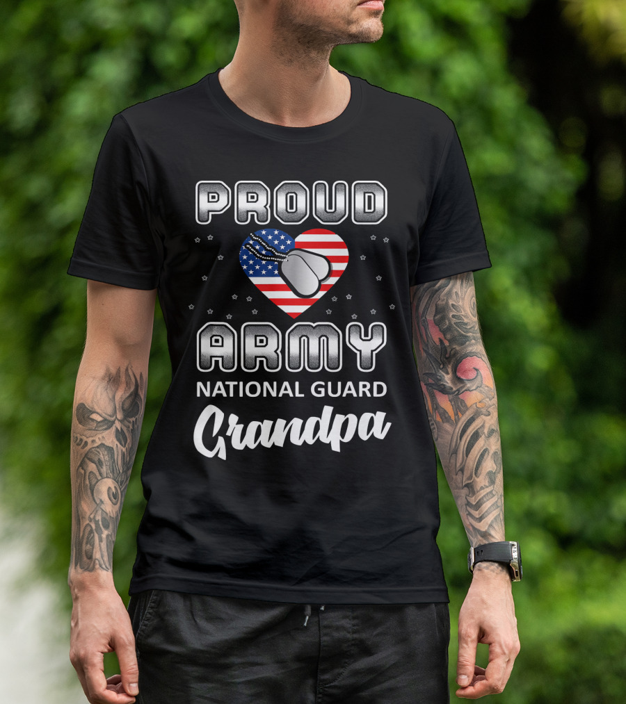 Proud Army National Guard Grandpa USA Heart USA Flag Dog Tags T-Shirt