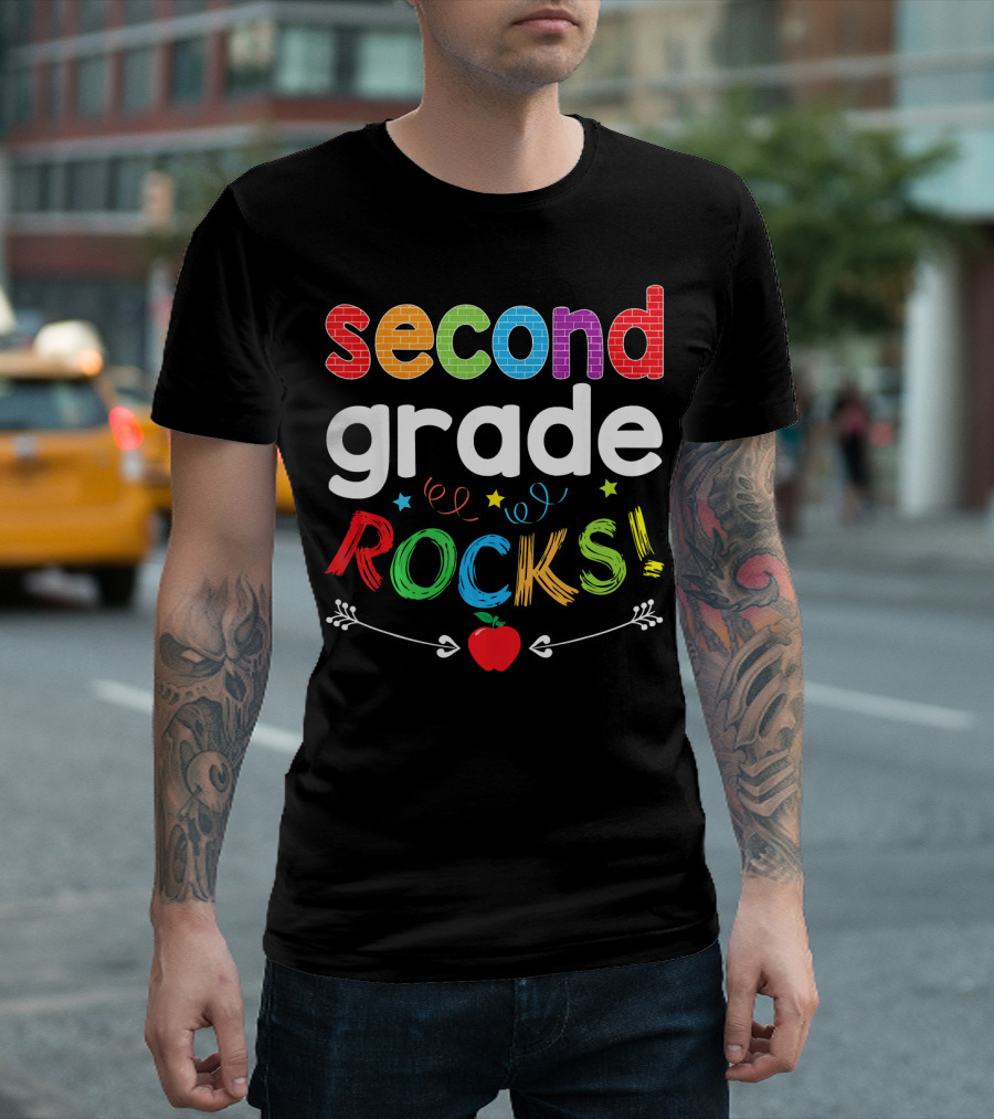 Second Grade Rocks Colorful Text with Apple Motif T-Shirt