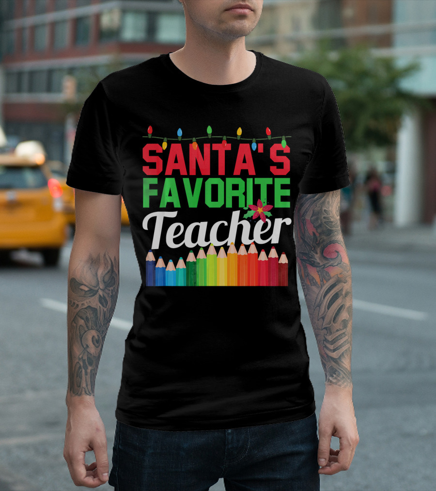 Santa's Favorite Teacher Christmas Lights Pencil Rainbow T-Shirt