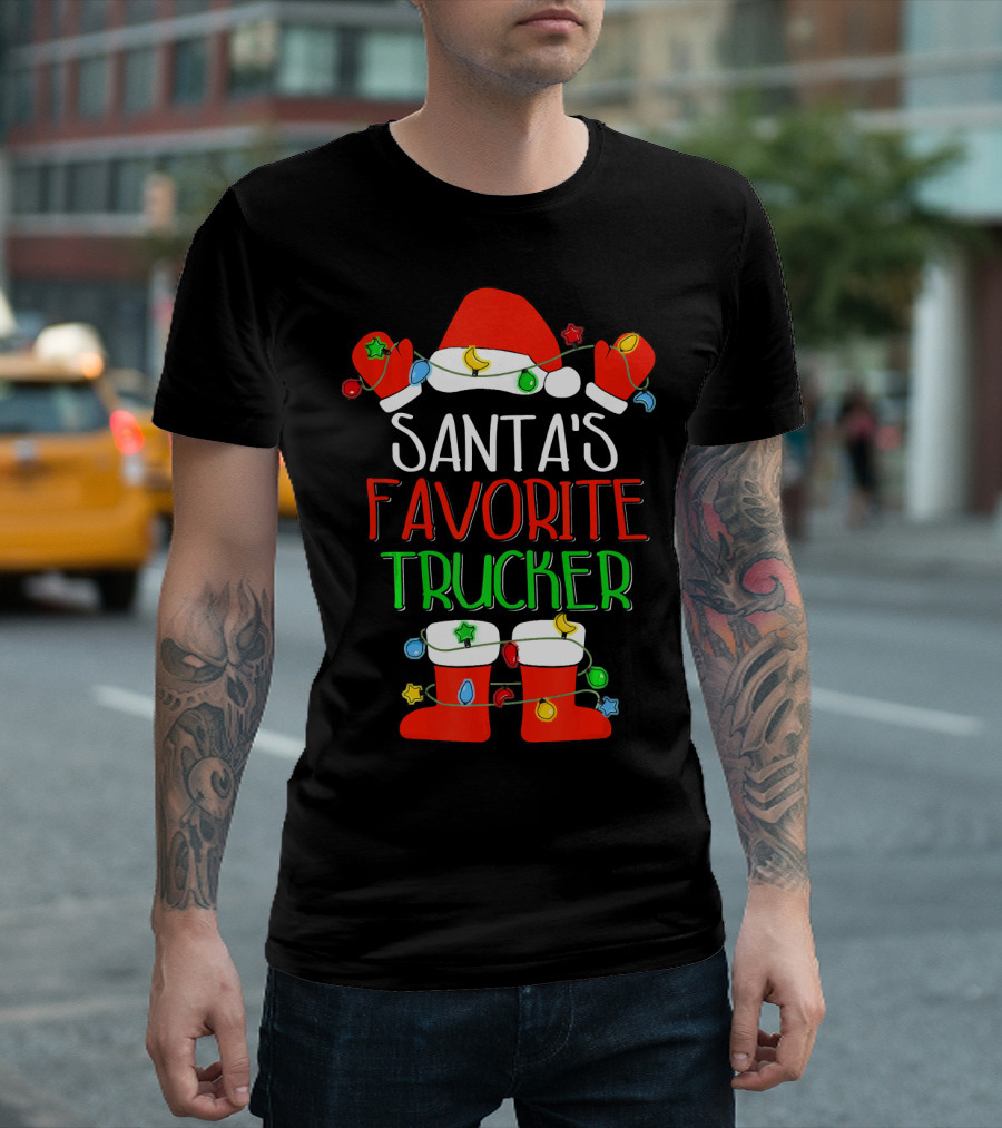 Santa's Favorite Trucker Festive Christmas Hat and Boots with Lights T-Shirt
