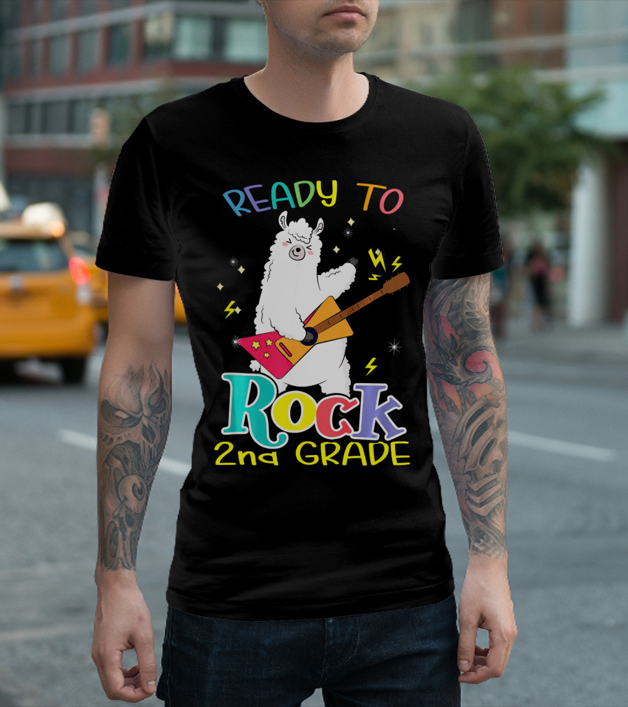 Ready To Rock 2nd Grade Llama With Guitar And Lightning Bolts T-Shirt