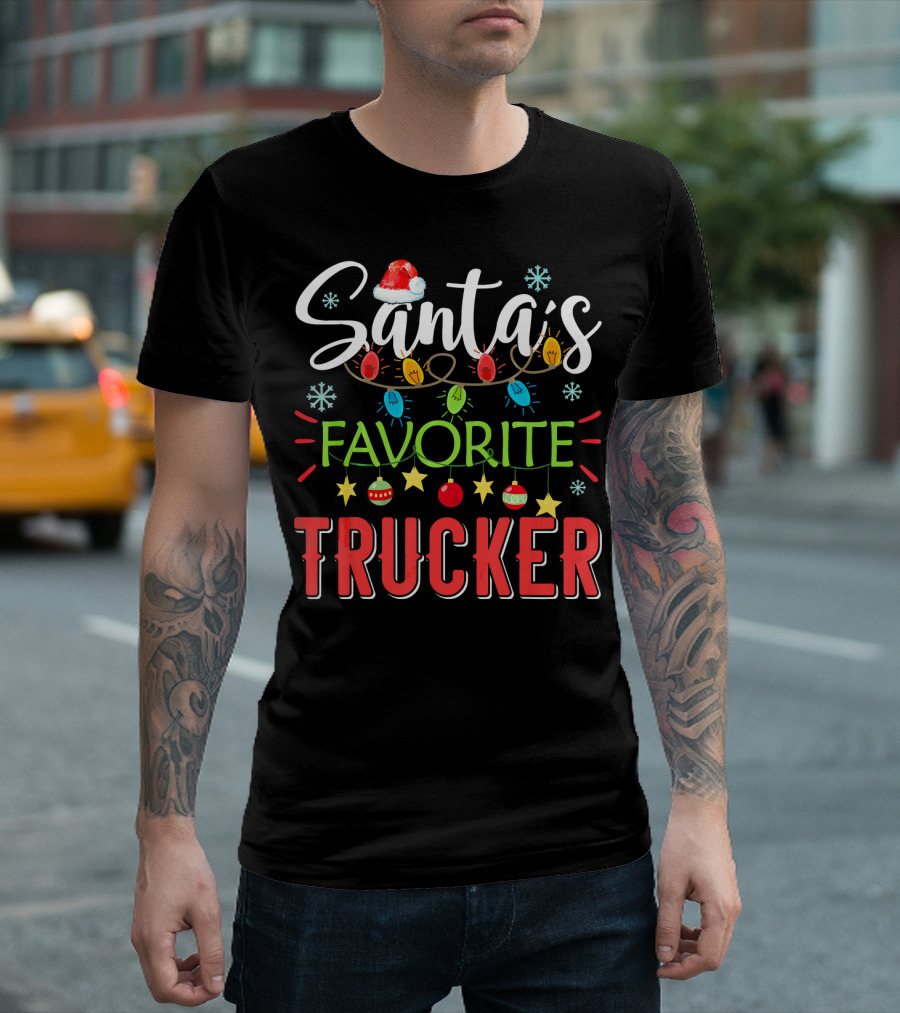 Santa's Favorite Trucker Xmas Light Santa Hat Snowflakes Ornaments Stars T-Shirt