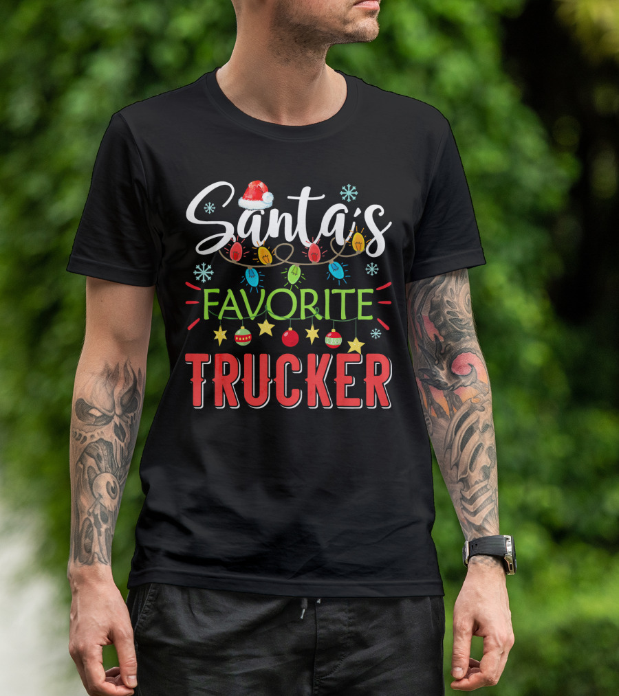 Santa's Favorite Trucker Xmas Light Santa Hat Snowflakes Ornaments Stars T-Shirt