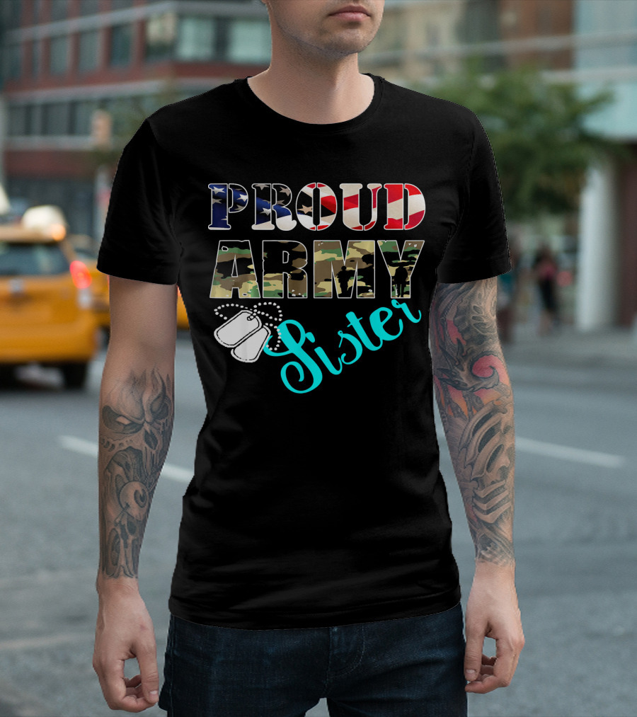 Proud Army Sister American Flag Camouflage Dog Tags T-Shirt
