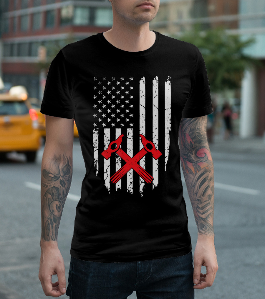 Roofer American Flag Hammer Crossed Tools Patriotic T-Shirt