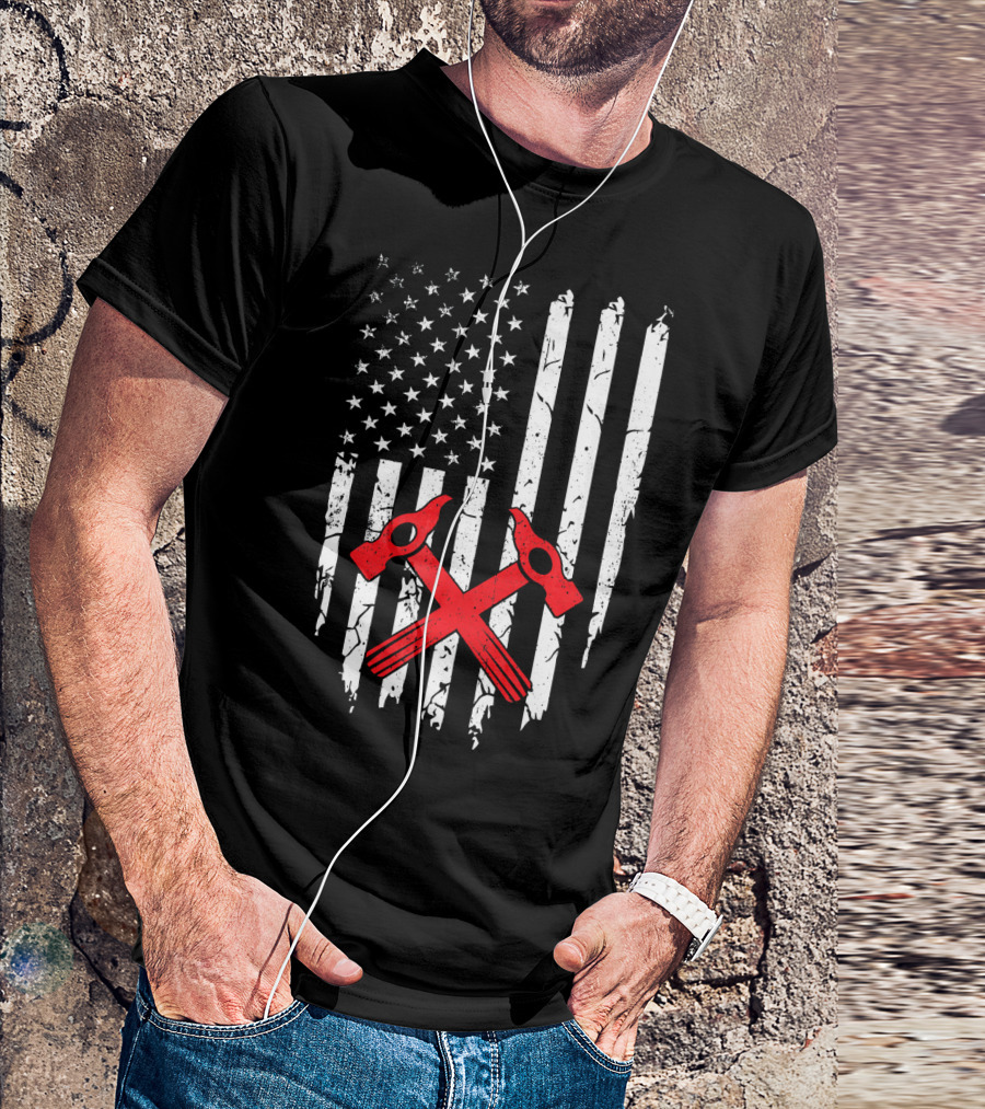 Roofer American Flag Hammer Crossed Tools Patriotic T-Shirt