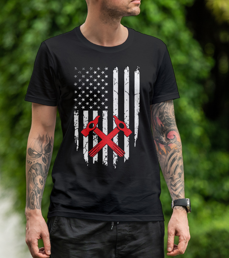 Roofer American Flag Hammer Crossed Tools Patriotic T-Shirt