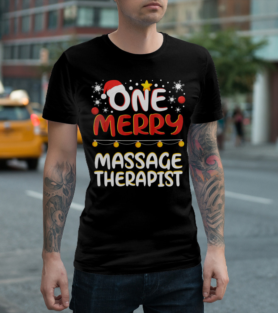 One Merry Massage Therapist Christmas Santa Hat Snowflakes Stars Holiday Lights T-Shirt