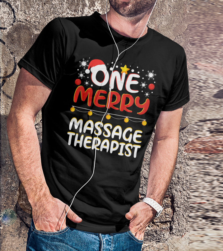 One Merry Massage Therapist Christmas Santa Hat Snowflakes Stars Holiday Lights T-Shirt