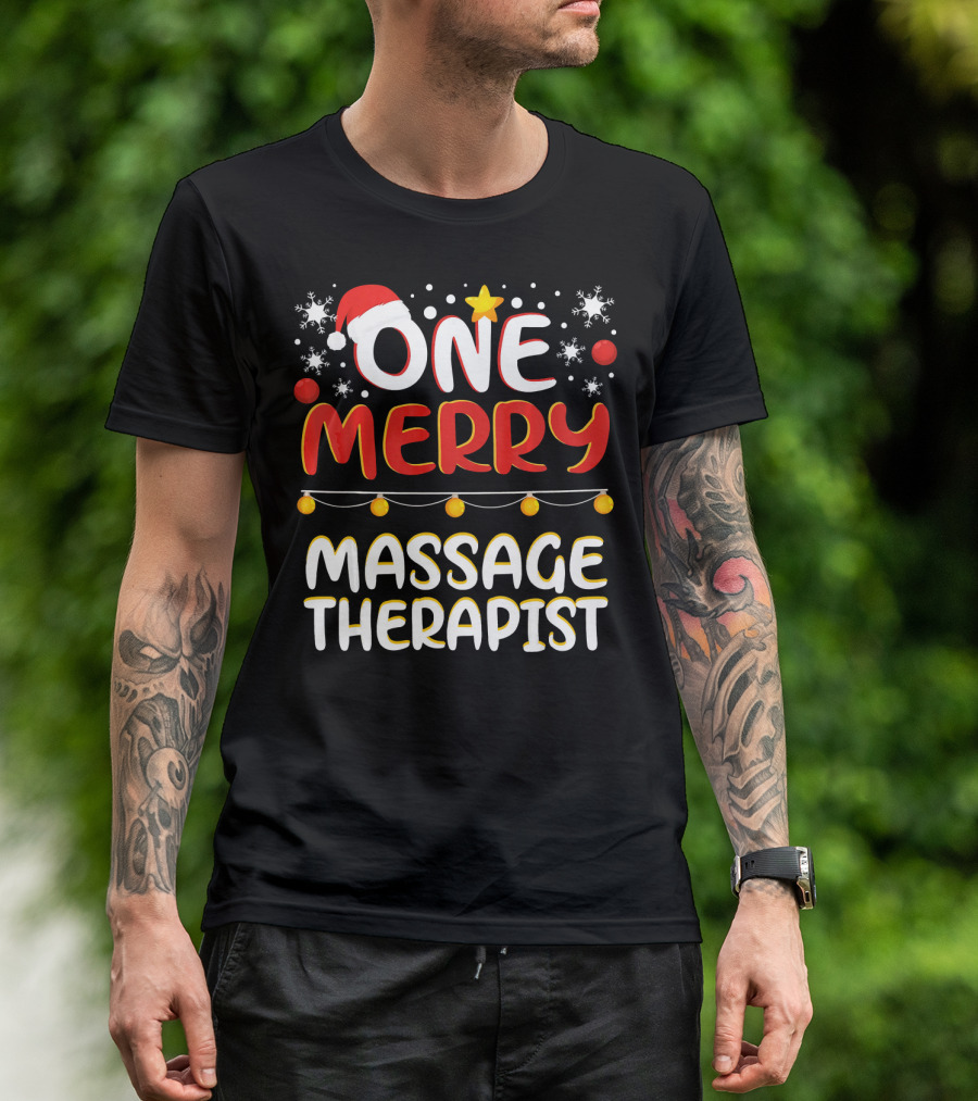 One Merry Massage Therapist Christmas Santa Hat Snowflakes Stars Holiday Lights T-Shirt