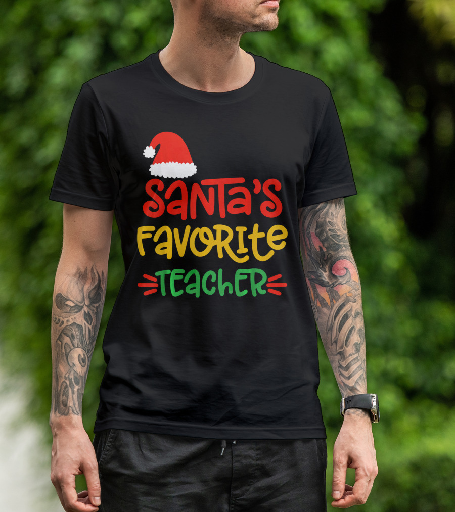 Santa's Favorite Teacher Christmas Hat Funny Teacher T-Shirt