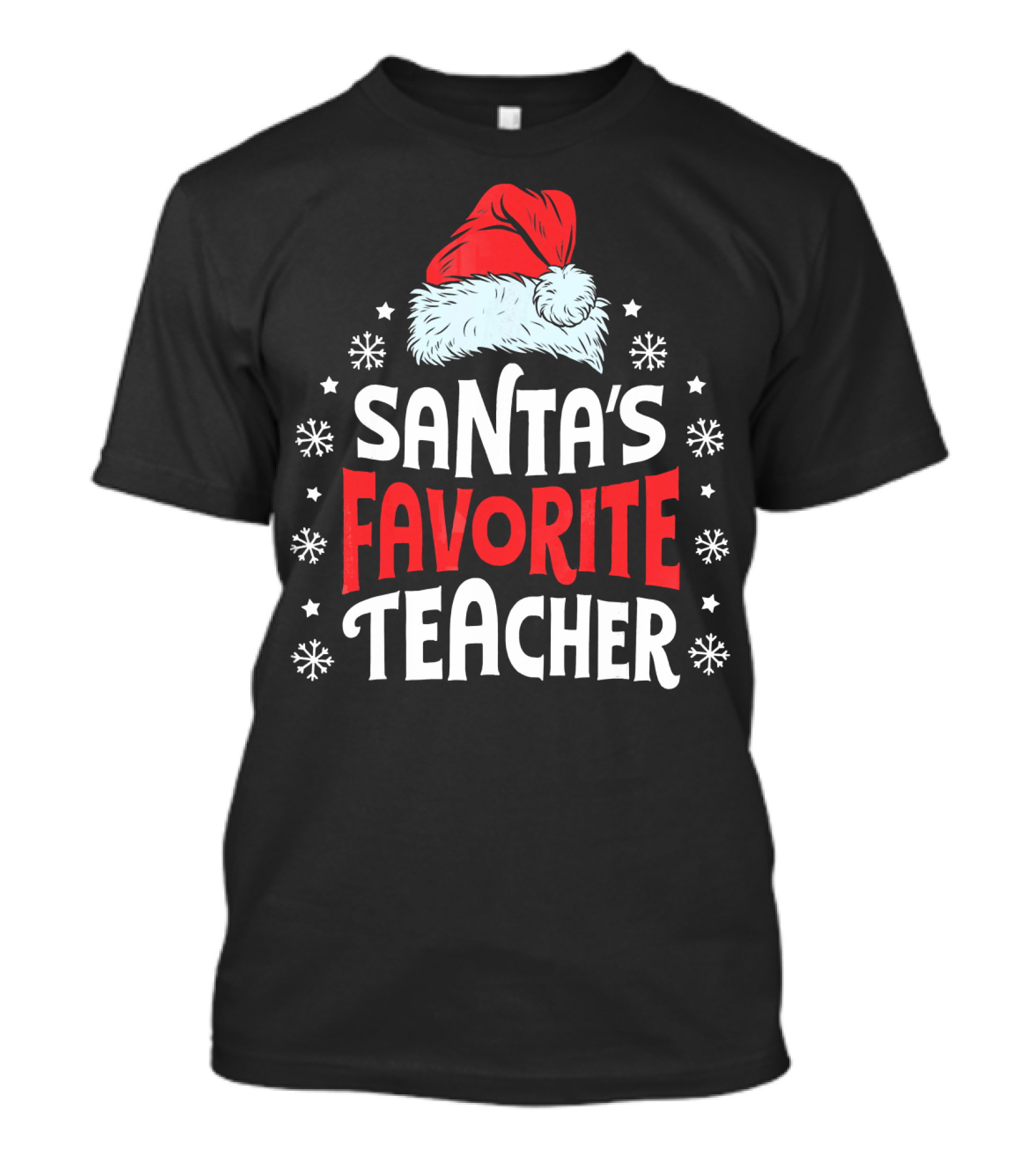Santa's Favorite Teacher Christmas Holiday Snowflakes Santa Hat T-Shirt