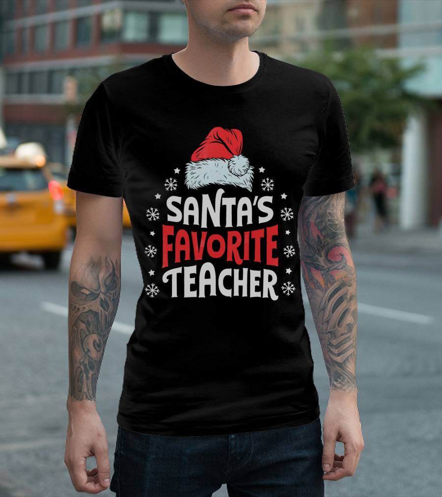 Santa's Favorite Teacher Christmas Holiday Snowflakes Santa Hat T-Shirt