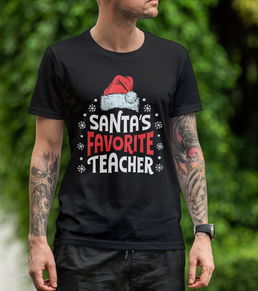 Santa's Favorite Teacher Christmas Holiday Snowflakes Santa Hat T-Shirt