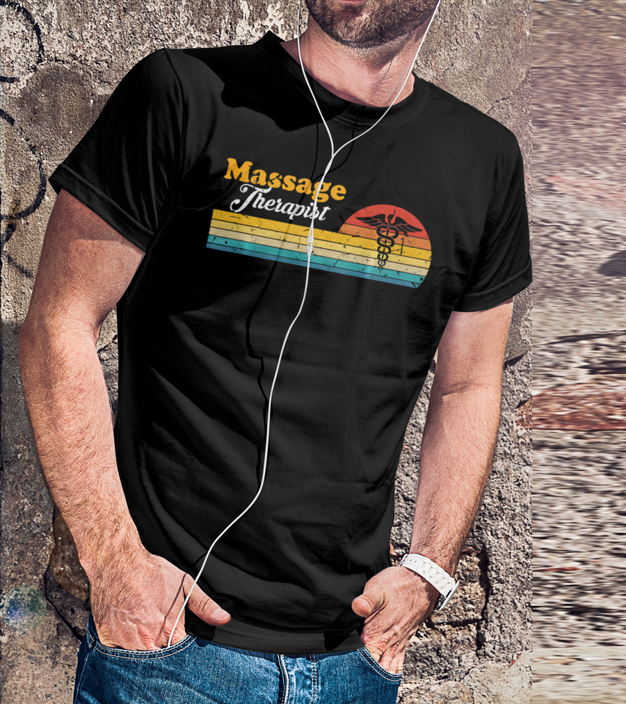 Retro Vintage Massage Therapist Caduceus Sunset Stripes T-Shirt