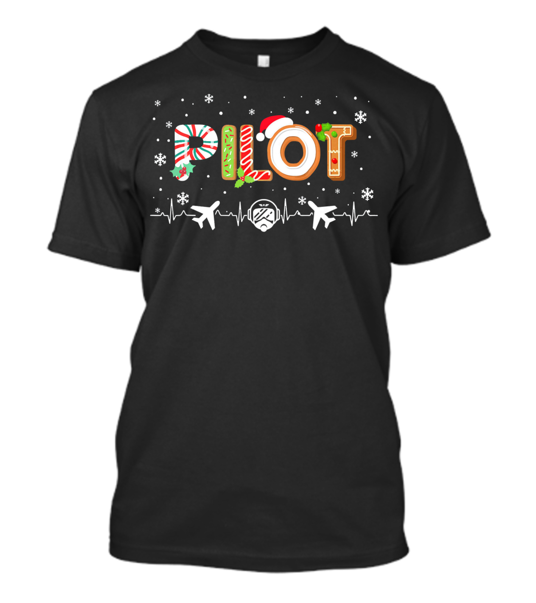 Pilot Christmas Heartbeat Airplane Snowflakes Santa Hat T-Shirt
