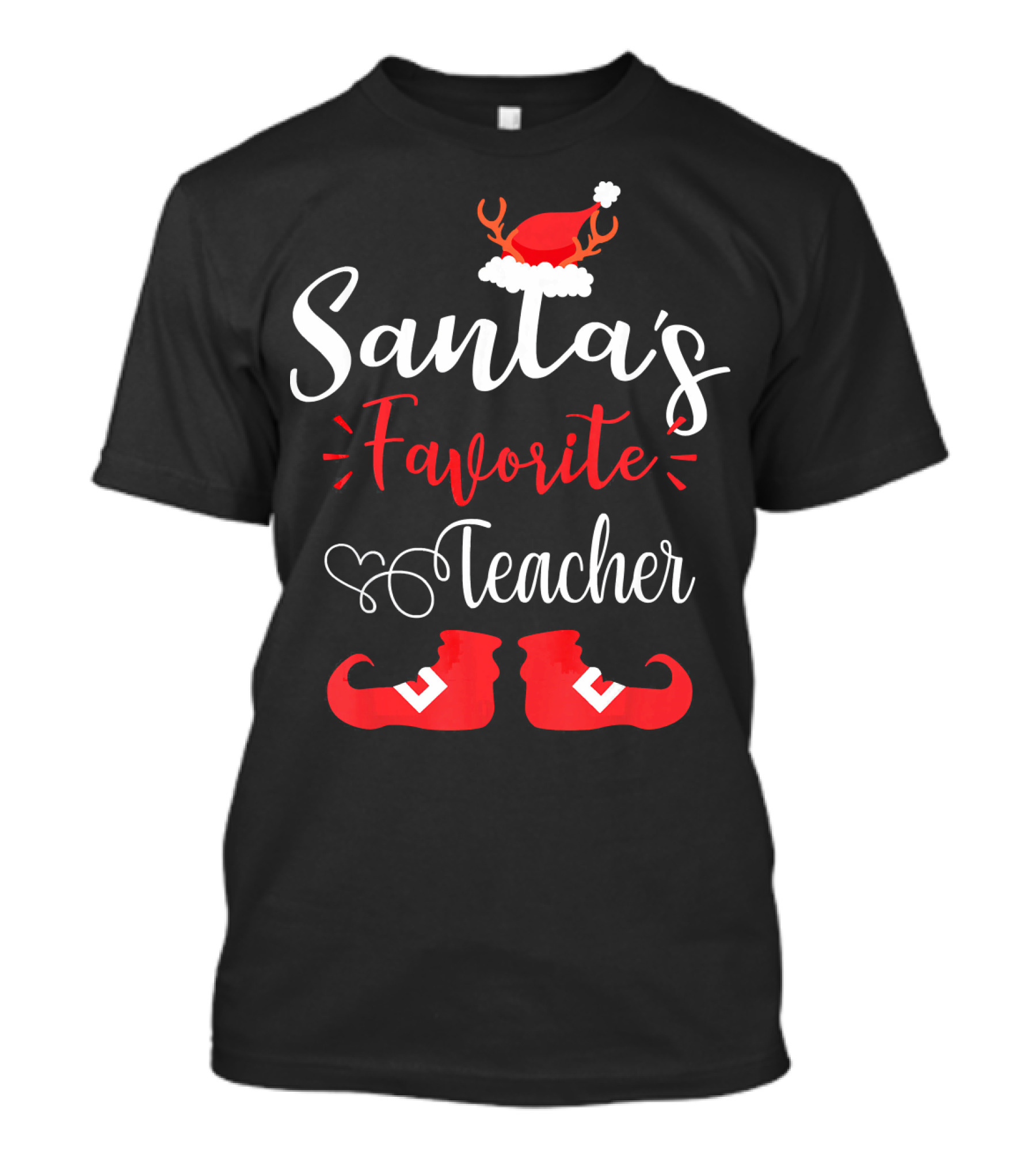 Santa's Favorite Teacher Festive Holiday Elf Boots Santa Hat T-Shirt