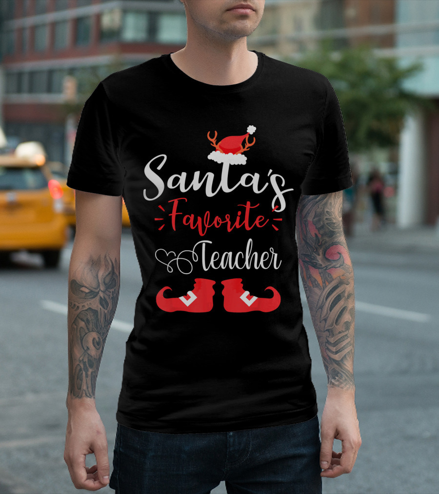 Santa's Favorite Teacher Festive Holiday Elf Boots Santa Hat T-Shirt