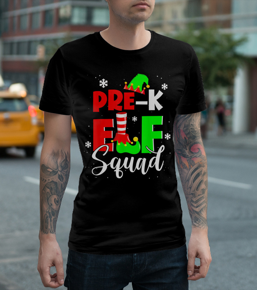 Pre-K Elf Squad Funny Preschool Teacher Christmas Holiday Snowflakes T-Shirt
