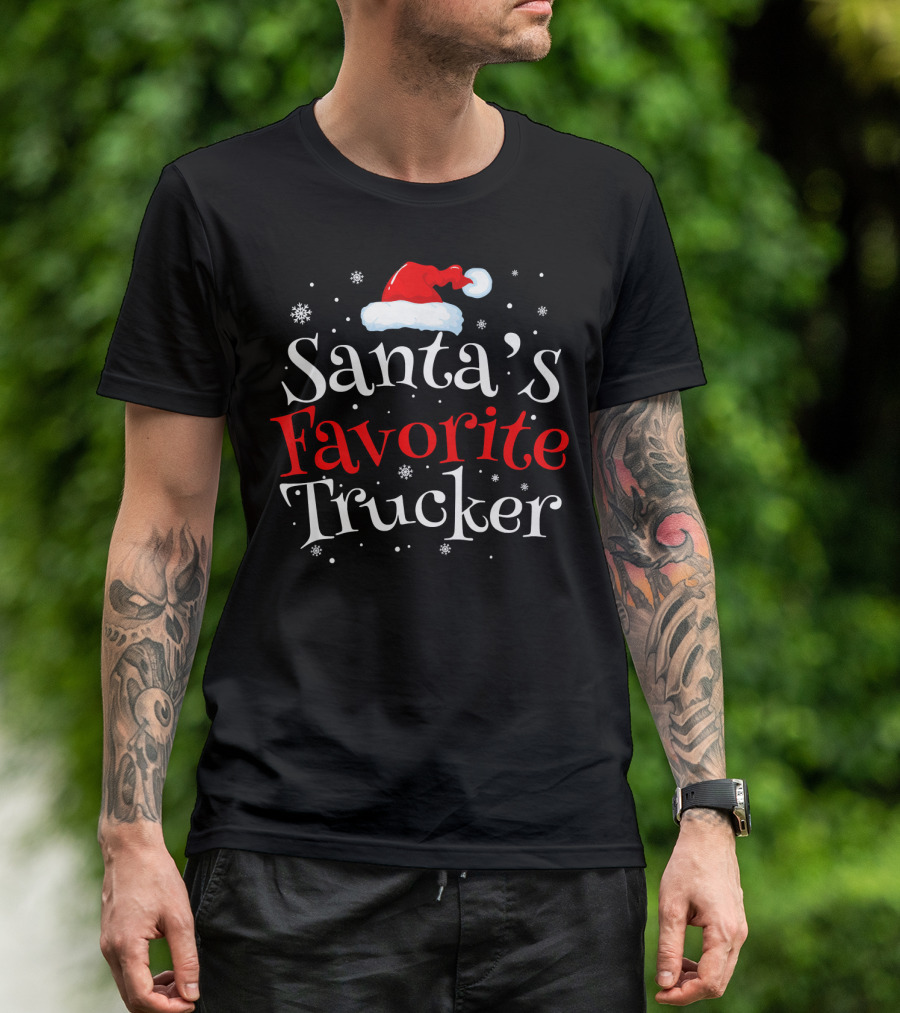 Santa's Favorite Trucker Santa Hat Festive Snowflakes T-Shirt