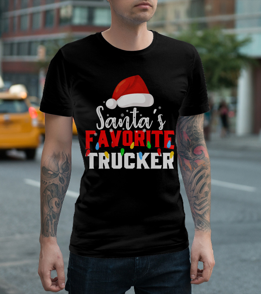 Santa's Favorite Trucker Christmas Hat and Lights T-Shirt