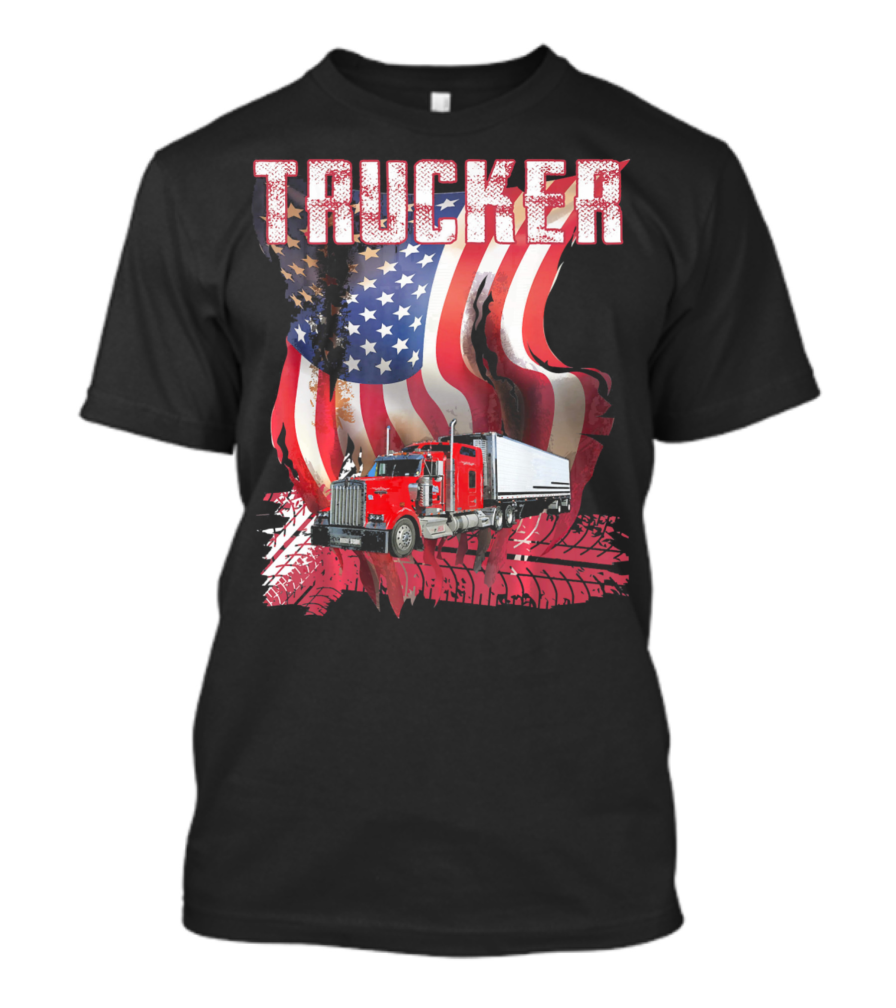 Trucker Red Truck American Flag Tire Treads T-Shirt