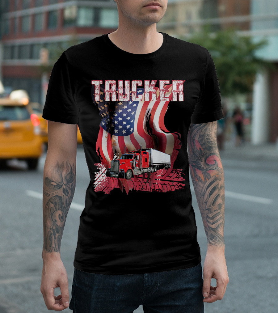 Trucker Red Truck American Flag Tire Treads T-Shirt