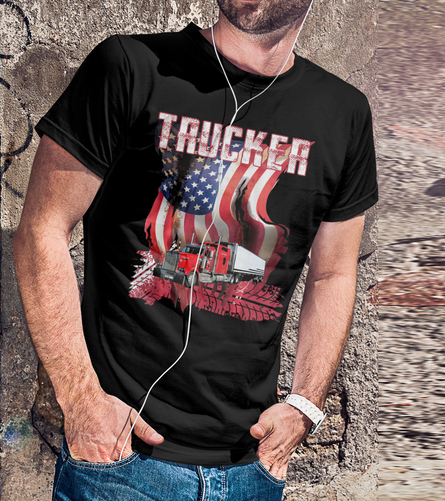 Trucker Red Truck American Flag Tire Treads T-Shirt