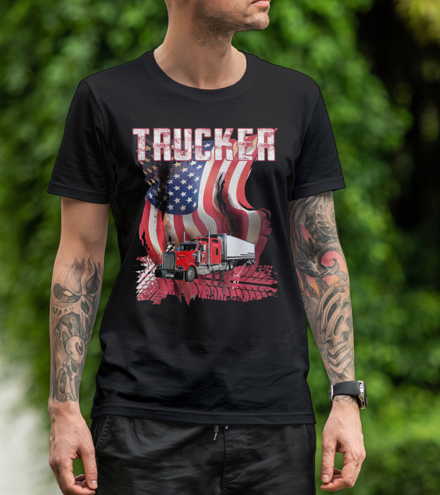 Trucker Red Truck American Flag Tire Treads T-Shirt