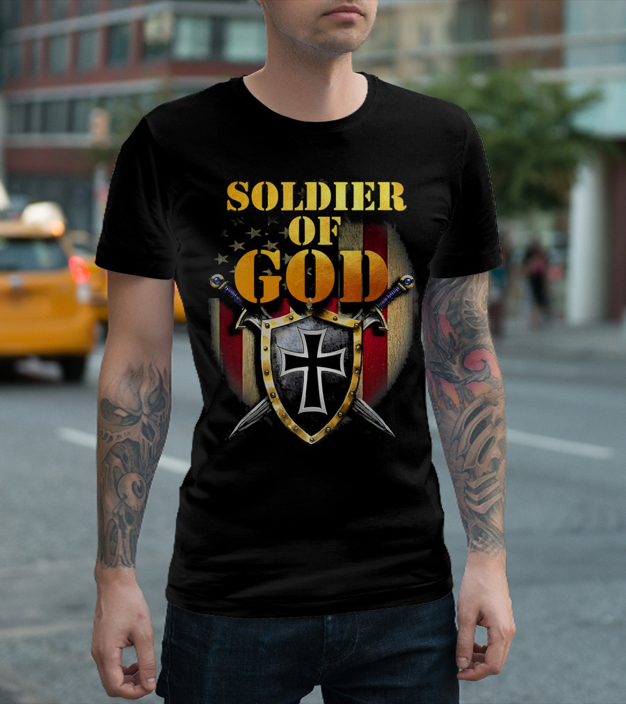SOLDIER OF GOD American Flag Shield With Cross And Swords T-Shirt