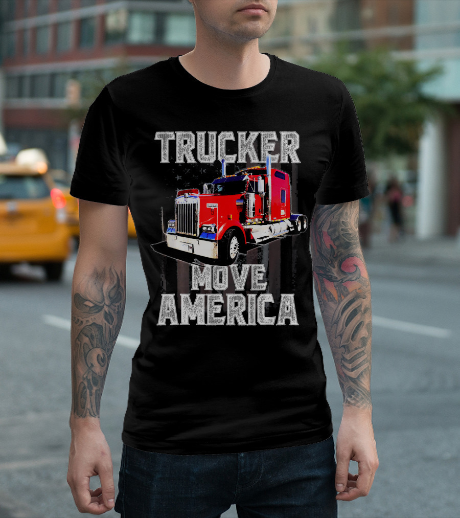 Trucker Move America Red Semi-Truck With American Flag Background T-Shirt